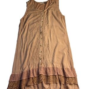 Vintage Y2K Tiered Midi Orange Fairy Dress Women XL‎ Cottage Embroidered Summer